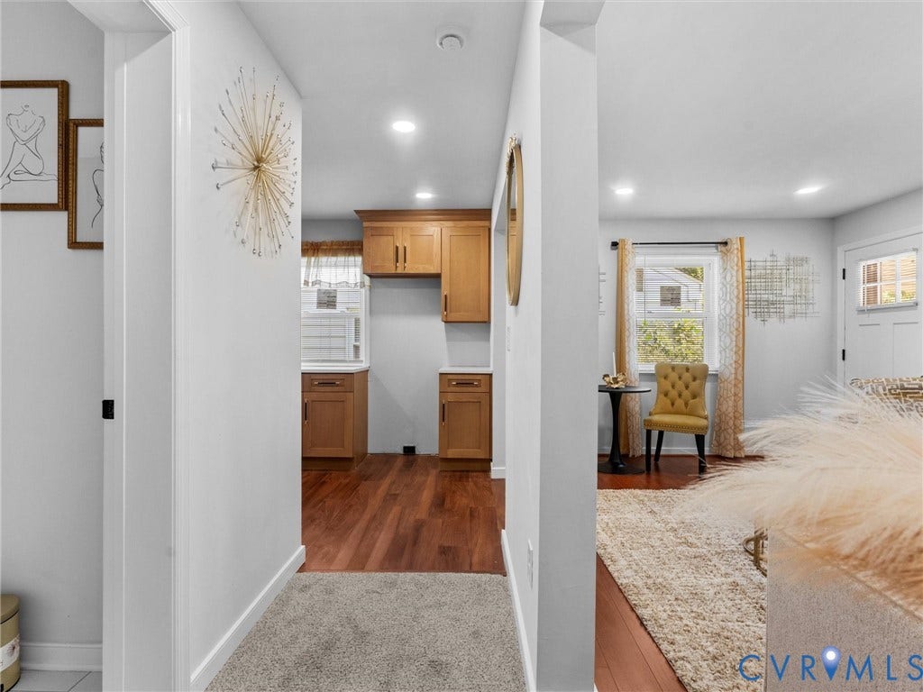 1826 Claiborne Street, Byrd Park, Richmond, VA 23220 Interior space featuring wood-finish flooring, recessed lighting, and wooden cabinetry with hardware