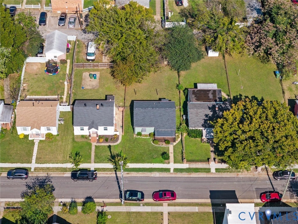 1826 Claiborne Street, Byrd Park, Richmond, VA 23220 Aerial perspective showing residential lots with mature trees, established grass lawns, and concrete sidewalk access