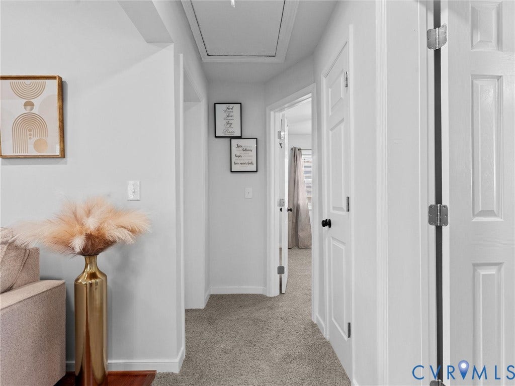 1826 Claiborne Street, Byrd Park, Richmond, VA 23220 Hallway featuring neutral wall-to-wall carpeting, paneled interior doors, and matte black door hardware