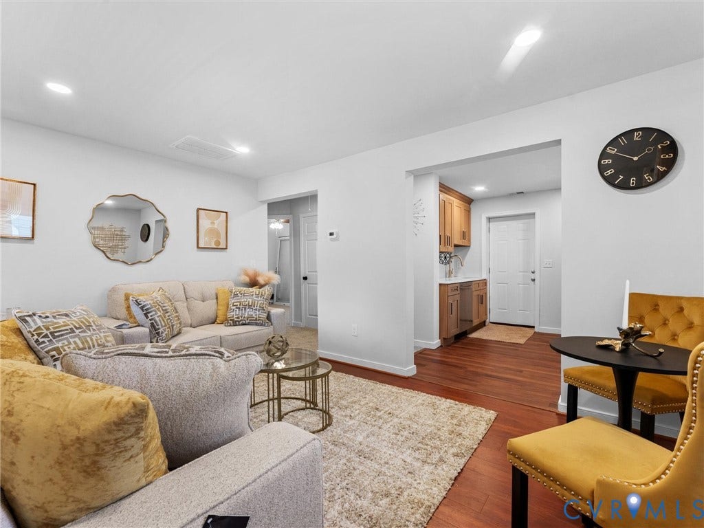 1826 Claiborne Street, Byrd Park, Richmond, VA 23220 Open-concept interior featuring wood-finish flooring, recessed lighting, and built-in cabinetry with hardware