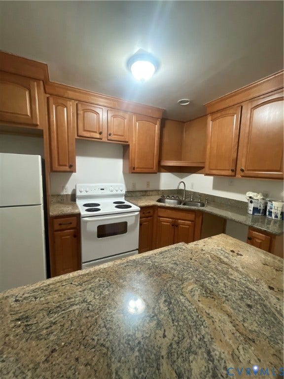 1214 N 30th Street, Richmond, VA 23223 Kitchen featuring wood cabinetry, stone countertops, breakfast bar, dual-basin stainless steel sink, and white electric range