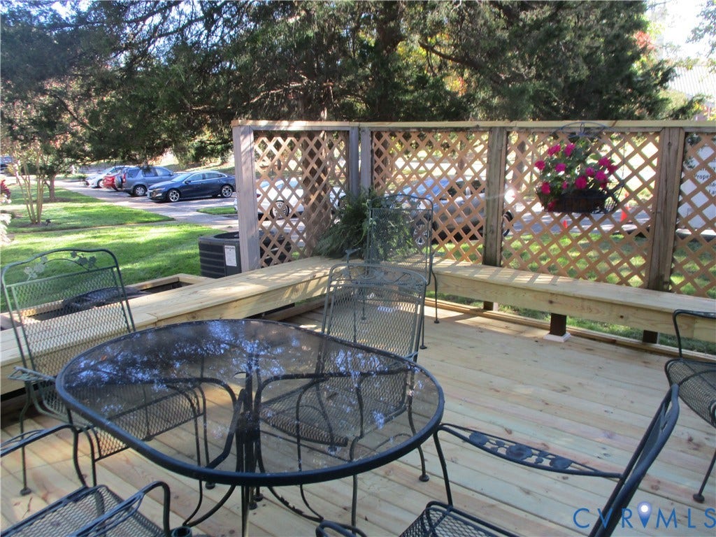 12400 New Point Drive, Wilde Lake, Henrico, VA 23233 Wood decking featuring built-in bench seating and decorative wood lattice privacy screening