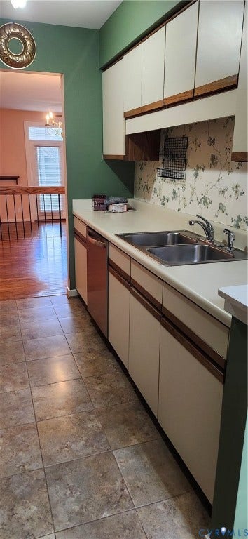 12400 New Point Drive, Wilde Lake, Henrico, VA 23233 Kitchen featuring cabinetry with integrated wood pulls,-double-basin stainless steel sink, and ceramic tile flooring
