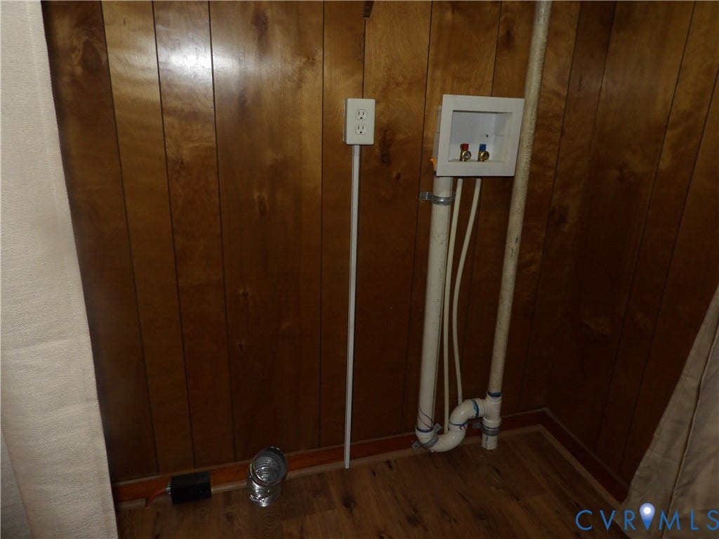 3206 South Street, Chester, VA 23831 Laundry area featuring wood-finish wall paneling, dedicated water supply lines, drainage plumbing, and a built-in electrical outlet
