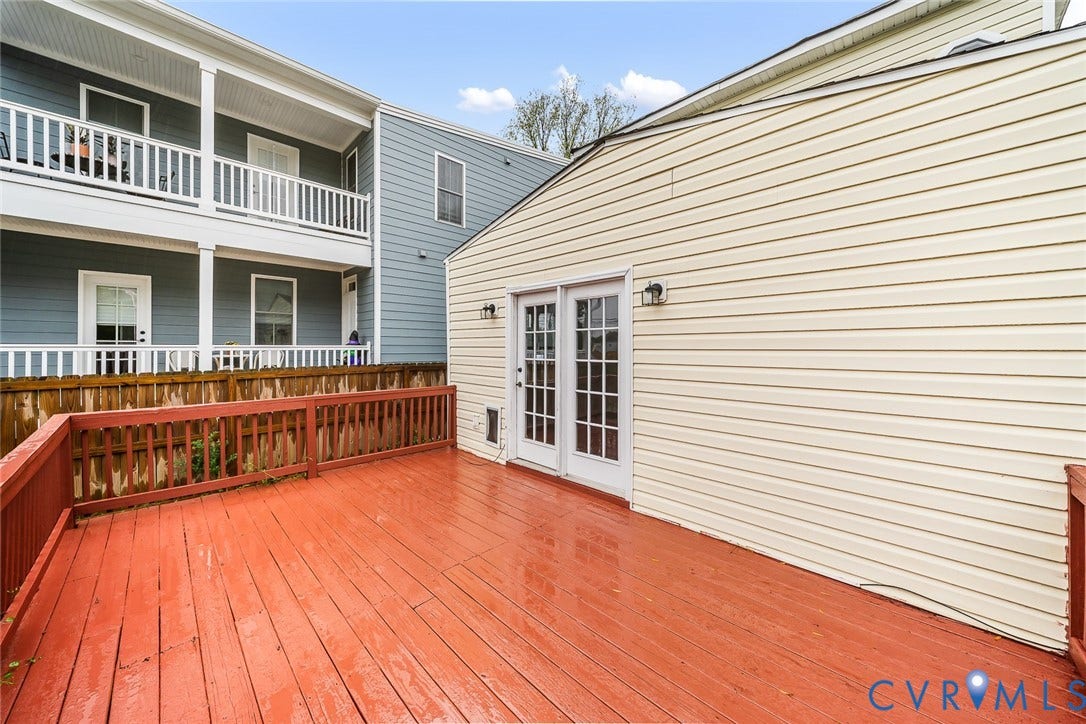 1802 Maury Street, Richmond, VA 23224 Elevated wood-plank deck featuring a perimeter railing and double-pane glass doors