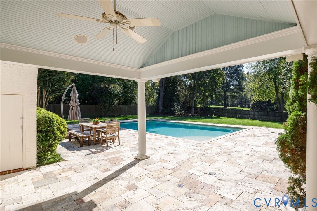 6805 River Road, Westham Ridge, Henrico, VA 23229 Step out to the covered travertine patio. The pool shed discreetly holds chemicals and equipment. The new owner will love the brand new pool cover and heater.