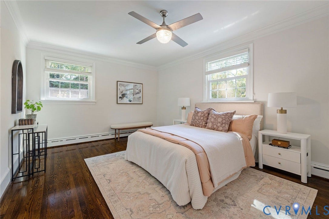 6805 River Road, Westham Ridge, Henrico, VA 23229 First floor primary with fresh palette, hardwoods and ceiling fan.