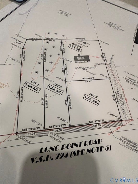 773 Long Point Road, Montross, VA 22469 Survey Plat. Illustrating boundary lines, lot divisions, and technical measurements for the property