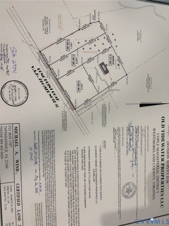 773 Long Point Road, Montross, VA 22469 Subdivision Plat. Outlining land boundaries, parcel acreage, and recorded survey data for the property