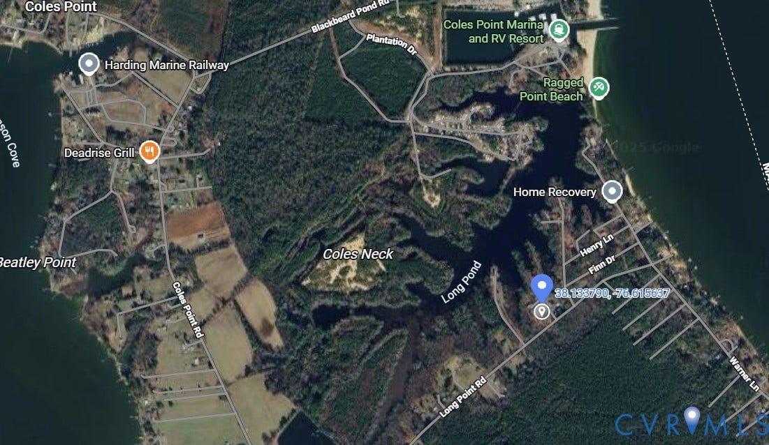 773 Long Point Road, Montross, VA 22469 Aerial Property Map. Illustrating the geographic coordinates and regional site context of the property