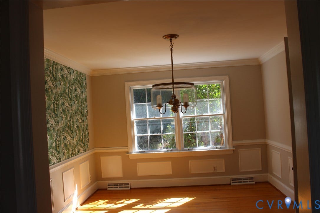 4101 Vauxhall, Chesterfield, VA 23234 Room featuring wood-finish flooring, wainscoting, crown molding, a multi-pane window, and a drum-style pendant light fixture
