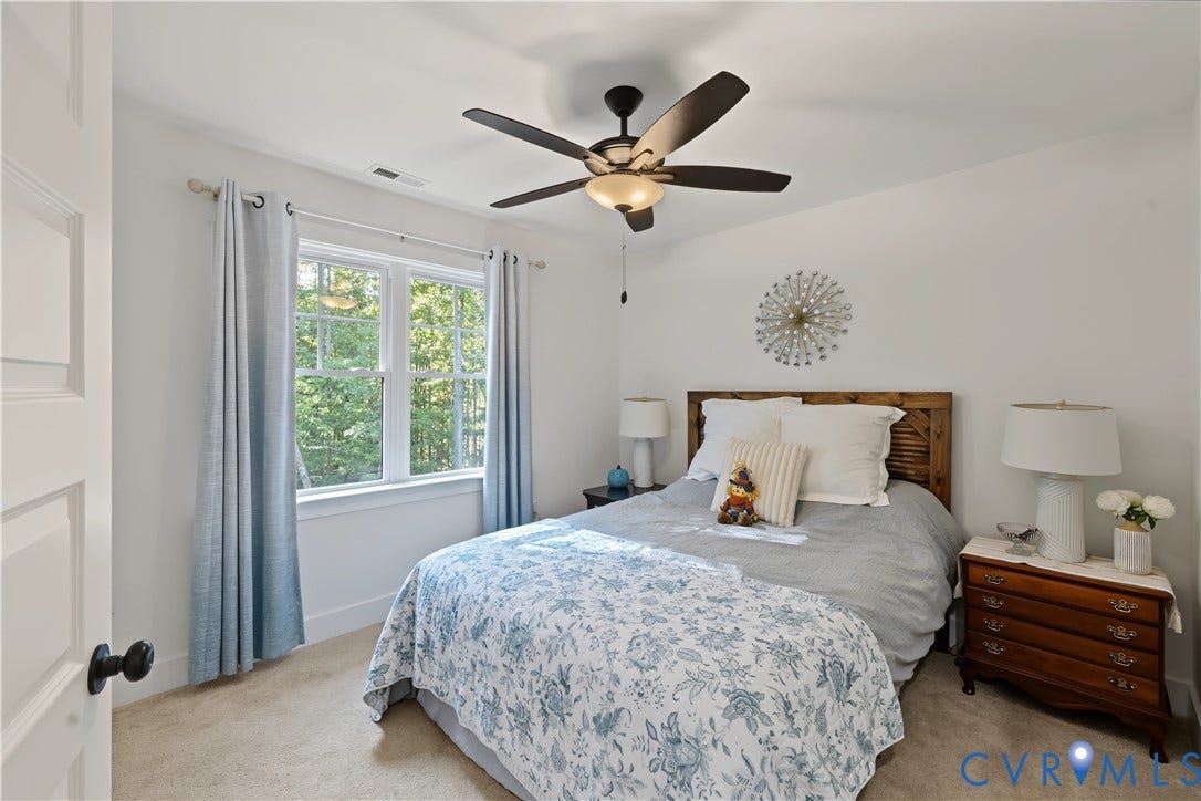 3851 County Line Road, Flemings Mill, Goochland, VA 23084 Bedroom featuring a ceiling fan with integrated lighting, a double-hung window, and neutral carpeting