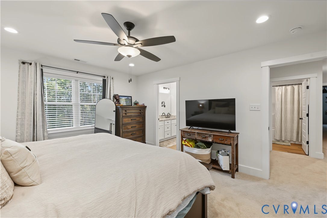 3851 County Line Road, Flemings Mill, Goochland, VA 23084 Bedroom featuring neutral wall paint, carpeted flooring, a multi-blade ceiling fan with integrated lighting, and recessed ceiling lighting