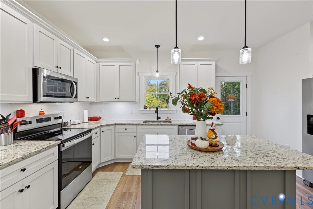 3851 County Line Road, Flemings Mill, Goochland, VA 23084 Kitchen featuring white shaker-style cabinetry, stone countertops, a central island with a contrasting base, stainless steel appliances, and wood-finish flooring