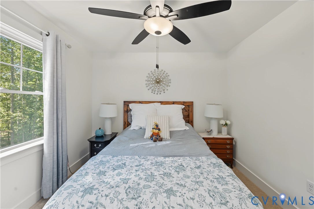3851 County Line Road, Flemings Mill, Goochland, VA 23084 Multi-pane window with exterior natural scenery, overhead ceiling fan with integrated lighting, and neutral wall tones