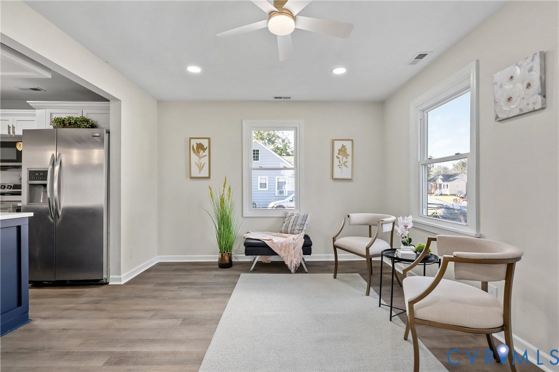 3207 Winchester Street, Henrico, VA 23231 Neutral-toned interior featuring wood-finish flooring, recessed lighting, a modern ceiling fan, and large windows with white trim