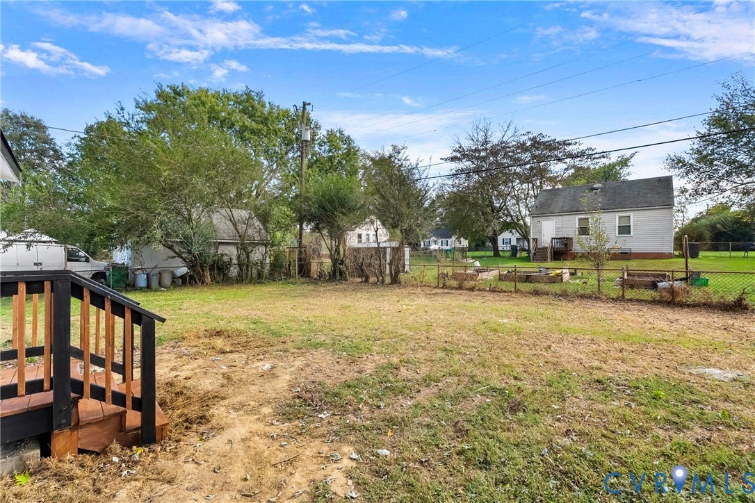 3207 Winchester Street, Henrico, VA 23231 Spacious backyard featuring wood-frame decking, chain-link perimeter fencing, and mature trees