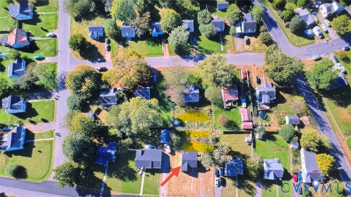 3207 Winchester Street, Henrico, VA 23231 Aerial perspective of a residential lot featuring mature trees, established landscaping, and a rectangular property footprint
