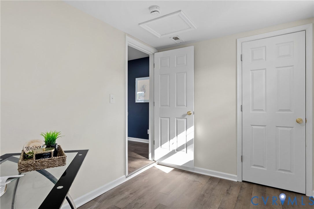 3207 Winchester Street, Henrico, VA 23231 Wood-finish flooring, white six-panel doors with brass-tone hardware, and ceiling access panel
