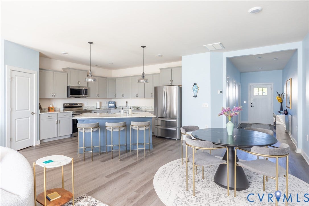 12548 Petrel Crossing, Midlothian, VA 23112 Kitchen featuring a central island with a stone countertop, grey shaker-style cabinetry, stainless steel appliances, dual pendant lighting, and wood-finish flooring