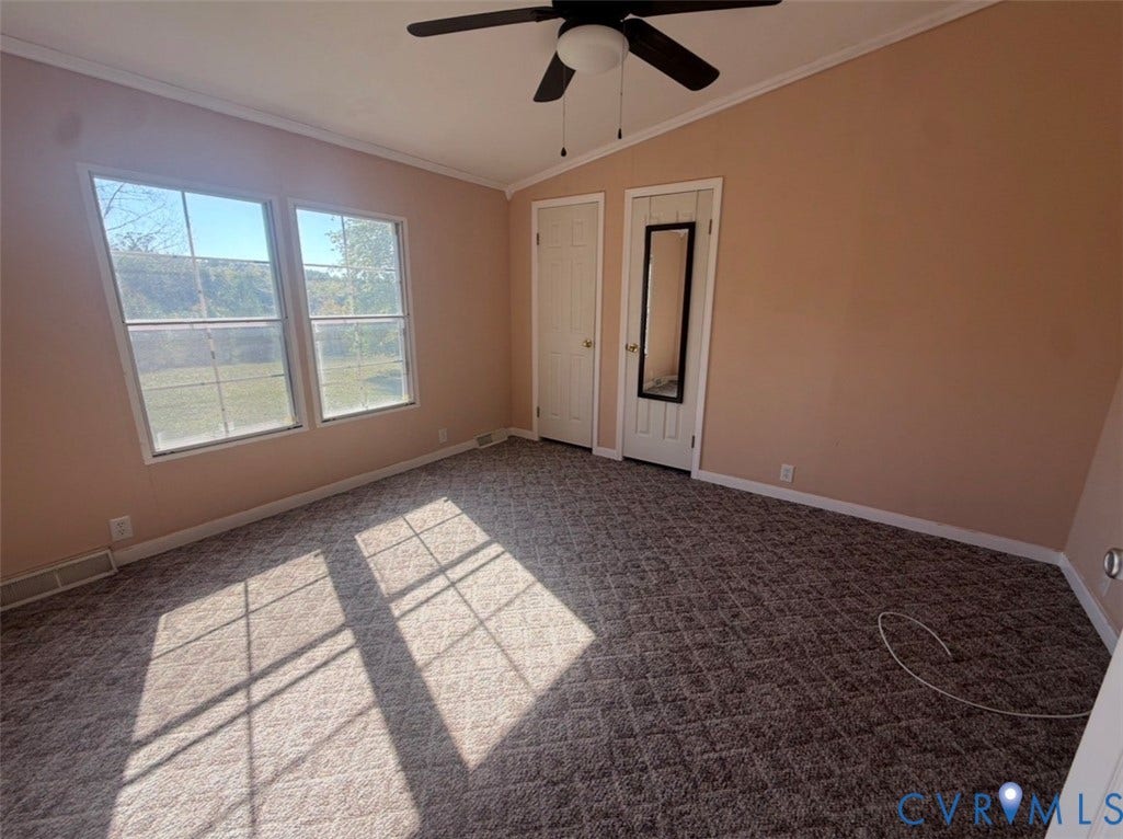26691 Bell Road, Amelia, VA 23002 Room featuring a vaulted ceiling, dual windows, patterned wall-to-wall carpeting, and a ceiling-mounted light fixture