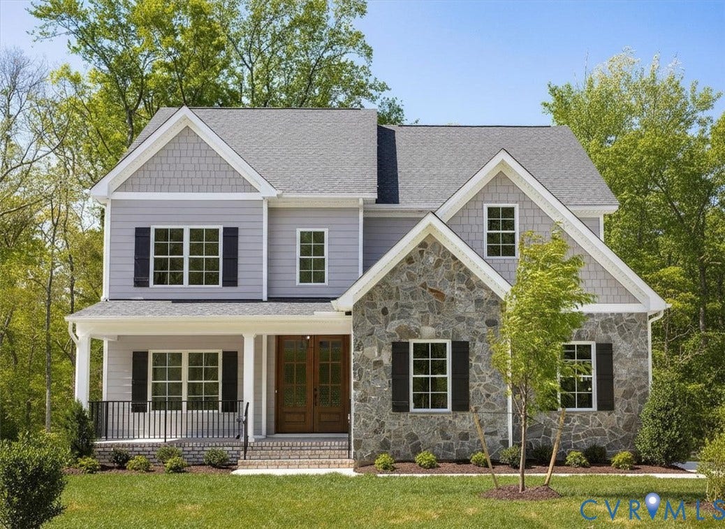 2851 Old Pump Road, Preserve At John Rolfe, Henrico, VA 23233 Two-story exterior featuring a mix of stone veneer and horizontal siding, decorative gable accents, covered front porch with metal railing, and double-door entry