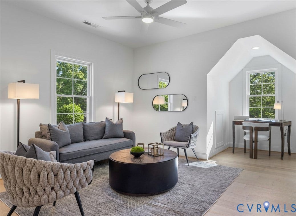 2851 Old Pump Road, Preserve At John Rolfe, Henrico, VA 23233 Light-filled room featuring wood-finish flooring, a white ceiling fan with integrated lighting, multipane windows, and a recessed dormer area