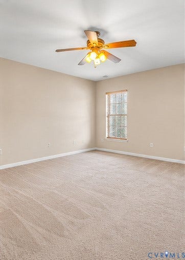 958 Wellston Court, Henrico, VA 23059 Neutral wall coloring, wall-to-wall carpeting, window with wood-finish blinds, and a multi-light ceiling fan