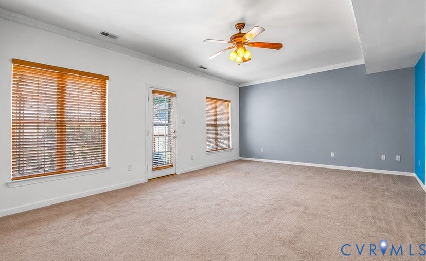 958 Wellston Court, Henrico, VA 23059 Spacious room featuring carpeting, crown molding, a ceiling fan with integrated lighting, wood-slat window blinds, and a glass-paneled exterior door