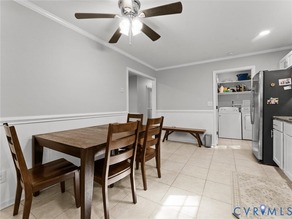 8708 Rainwater Road, Huntingcreek Hills, North Chesterfield, VA 23237 Ceramic tile flooring, crown molding, chair rail trim, and a ceiling fan with integrated lighting
