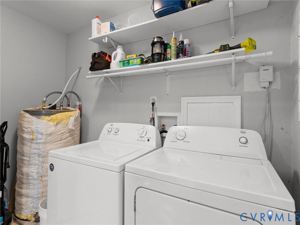 8708 Rainwater Road, Huntingcreek Hills, North Chesterfield, VA 23237 Laundry area featuring dual wall-mounted storage shelves, designated water hookups, and a water heater unit