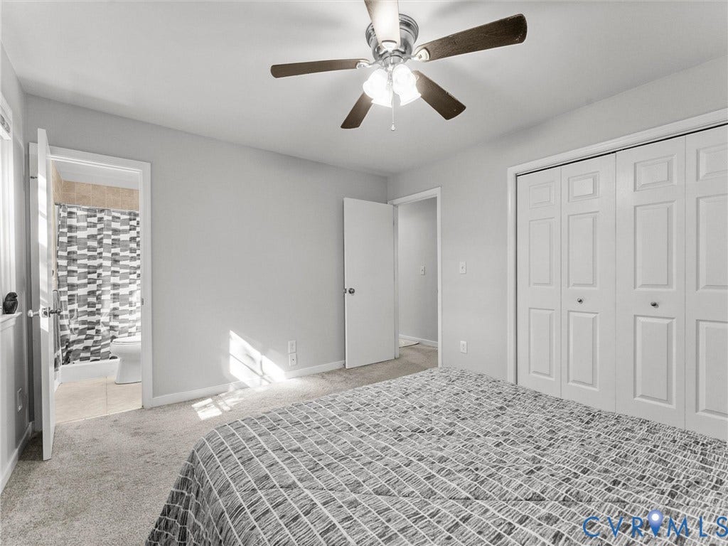 8708 Rainwater Road, Huntingcreek Hills, North Chesterfield, VA 23237 Neutral-toned carpet flooring, ceiling-mounted light fixture with multi-blade fan, and white-paneled bi-fold closet doors