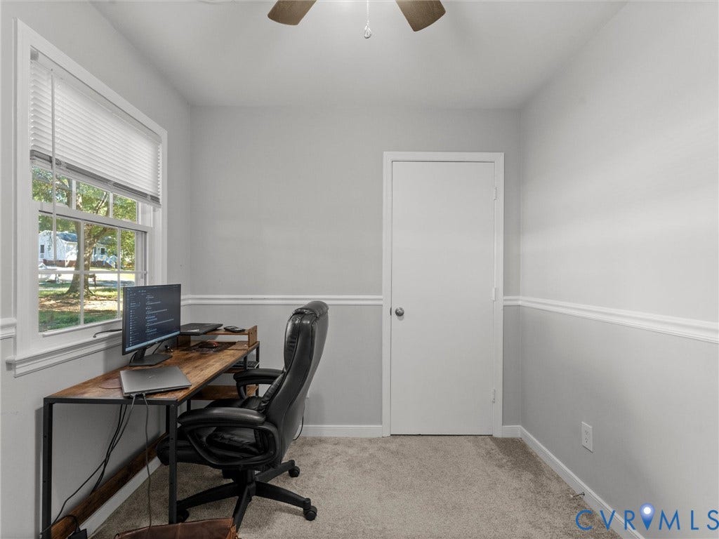 8708 Rainwater Road, Huntingcreek Hills, North Chesterfield, VA 23237 Neutral wall color with chair rail molding, wall-to-wall carpeting, window with pleated blinds, and ceiling fan with light fixture