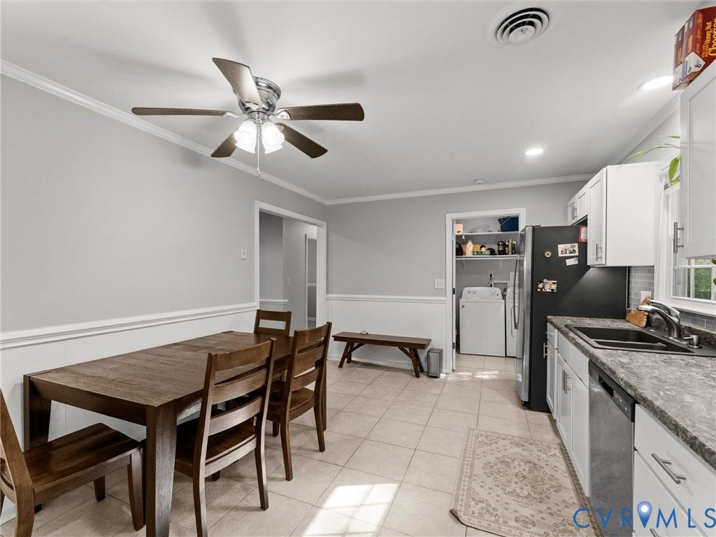 8708 Rainwater Road, Huntingcreek Hills, North Chesterfield, VA 23237 Kitchen featuring white cabinetry, stone-patterned countertops, a stainless steel dishwasher, tile flooring, and a ceiling fan