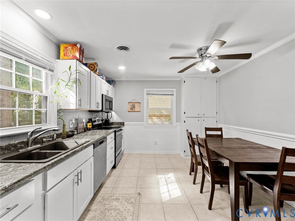 8708 Rainwater Road, Huntingcreek Hills, North Chesterfield, VA 23237 Kitchen featuring white cabinetry, stone-finish countertops, stainless steel appliances, tile flooring, and ceiling fan