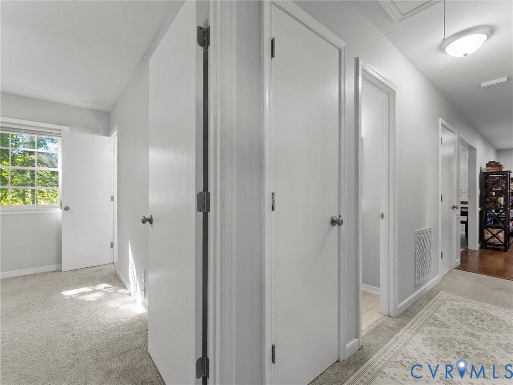 8708 Rainwater Road, Huntingcreek Hills, North Chesterfield, VA 23237 Interior hallway featuring neutral wall-to-wall carpeting, white paneled doors, and flush-mount ceiling lighting