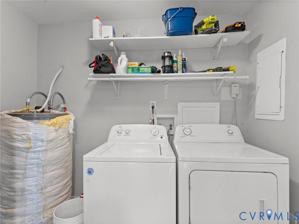 8708 Rainwater Road, Huntingcreek Hills, North Chesterfield, VA 23237 Dedicated utility space featuring dual wall-mounted storage shelves and a built-in hanging rod