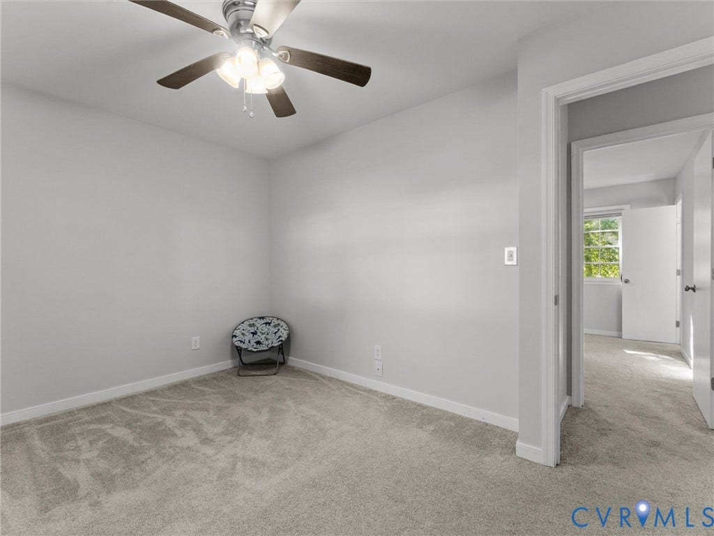 8708 Rainwater Road, Huntingcreek Hills, North Chesterfield, VA 23237 Neutral-toned wall paint, plush carpeting, ceiling fan with integrated lighting, and white interior door frames