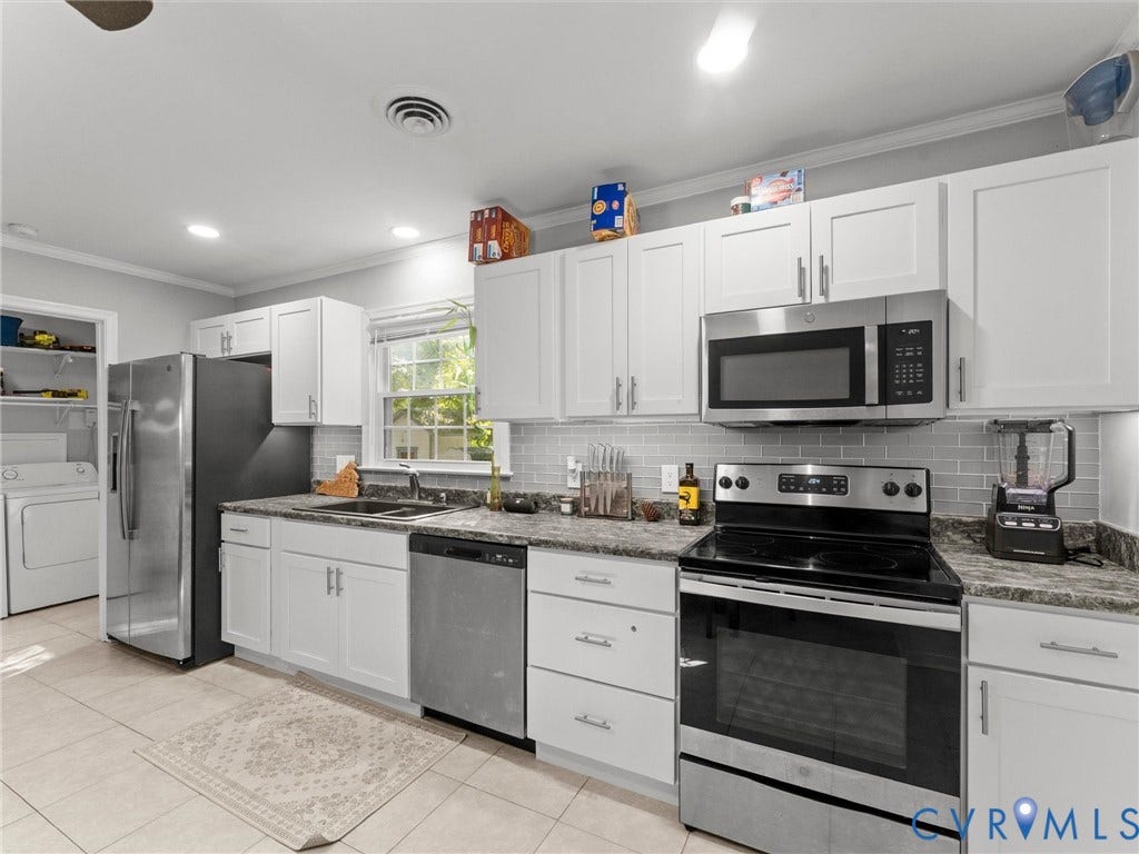 8708 Rainwater Road, Huntingcreek Hills, North Chesterfield, VA 23237 Kitchen featuring white cabinetry, stone-finish countertops, stainless steel appliances, subway tile backsplash, and ceramic tile flooring