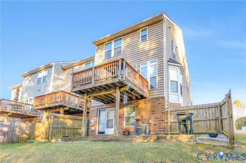 11600 Vicars Ridge Lane, Henrico, VA 23059 Rear view of property featuring a deck, a yard, fence, and brick siding