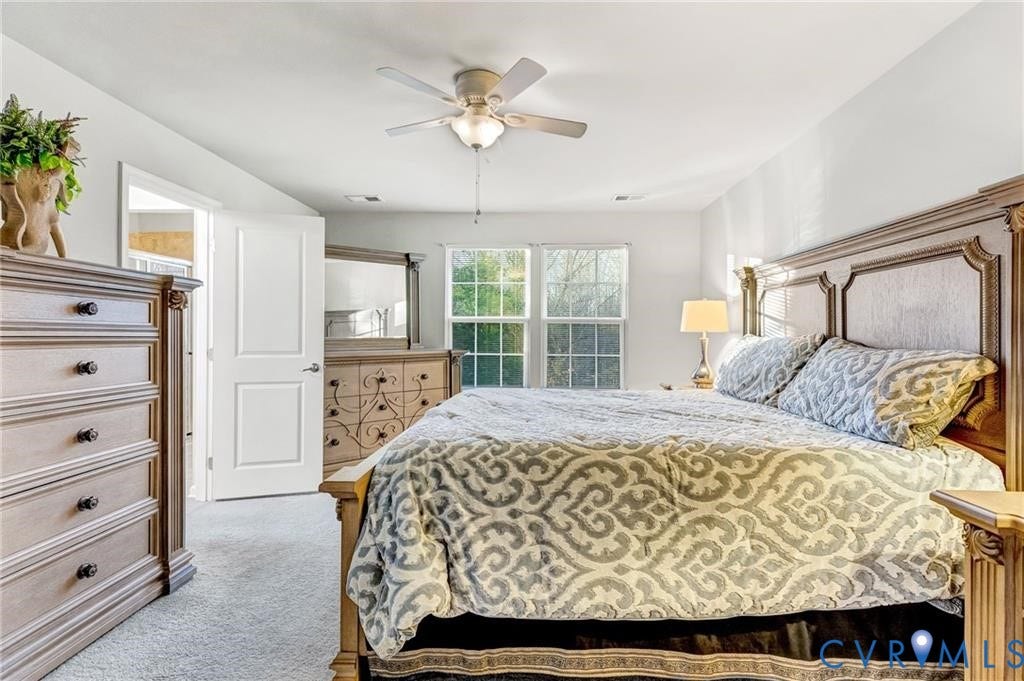 11600 Vicars Ridge Lane, Henrico, VA 23059 Bedroom with a ceiling fan and light colored carpet