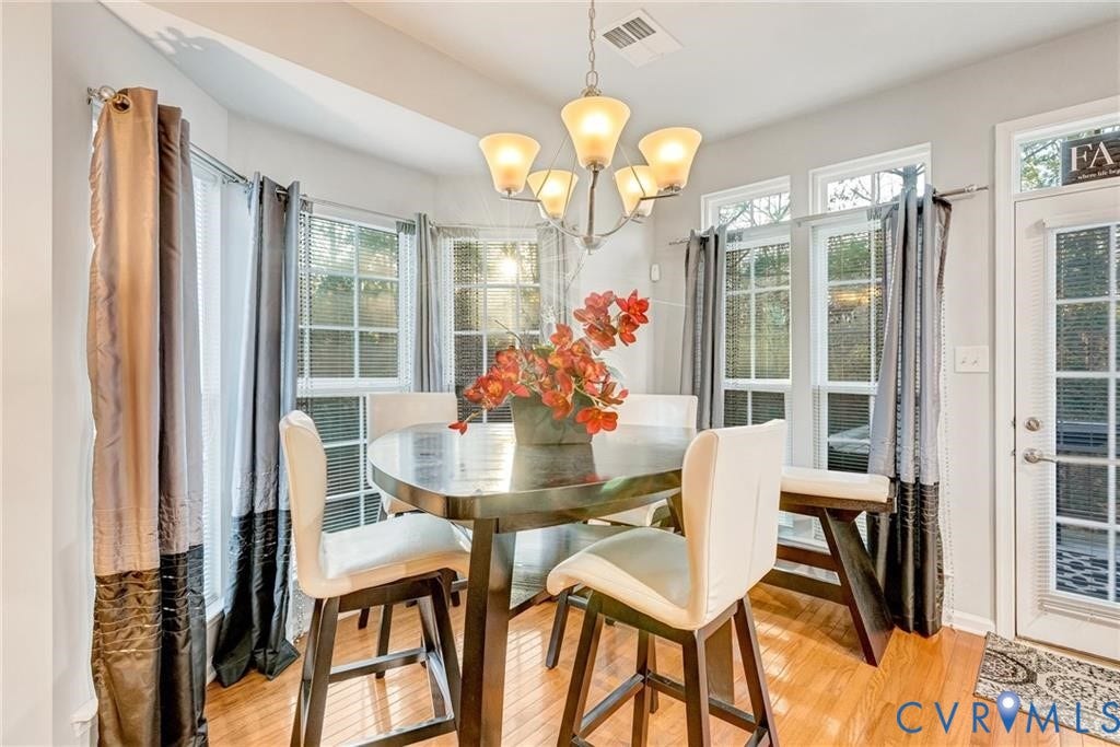 11600 Vicars Ridge Lane, Henrico, VA 23059 Dining room featuring an inviting chandelier, light wood-style floors, visible vents, and a wealth of natural light