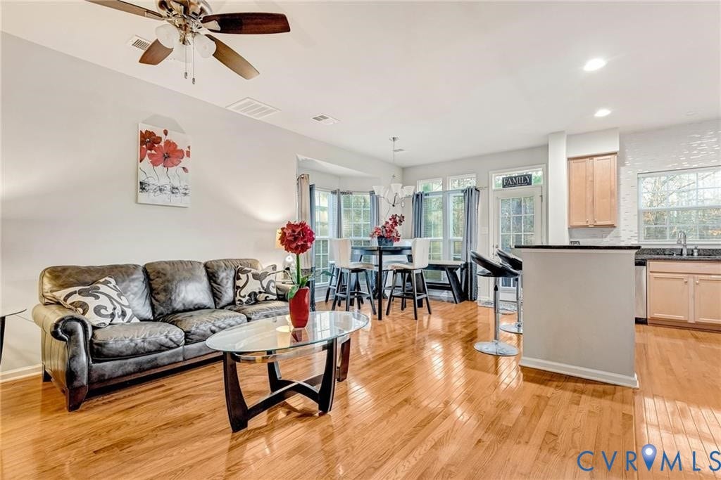 11600 Vicars Ridge Lane, Henrico, VA 23059 Living room featuring light wood-style flooring, visible vents, and ceiling fan
