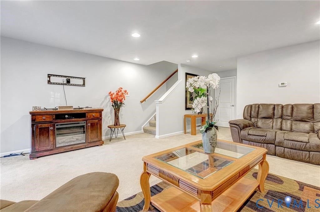11600 Vicars Ridge Lane, Henrico, VA 23059 Living area featuring stairway, recessed lighting, light colored carpet, and baseboards