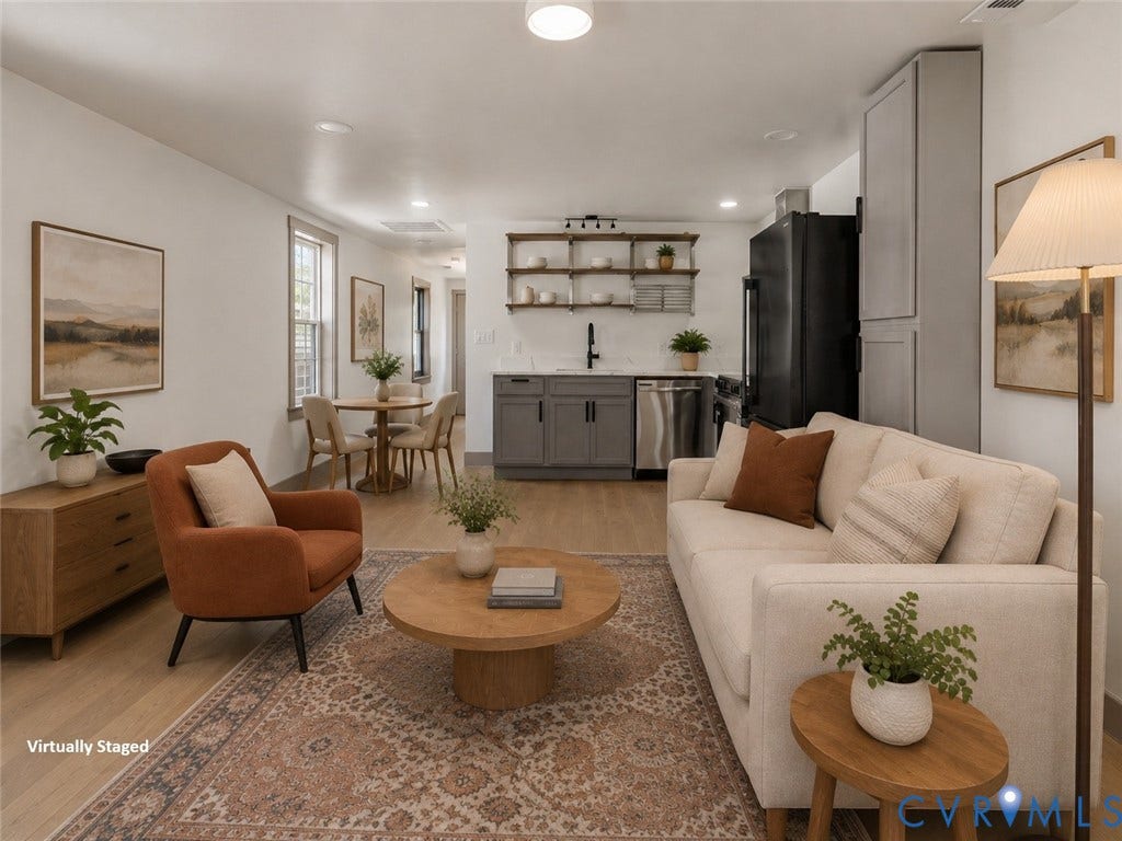 1708 Decatur Street, Swansboro, Richmond, VA 23224 Open concept space featuring wood-finish flooring, charcoal cabinetry, stainless steel appliances, and wall-mounted open shelving
