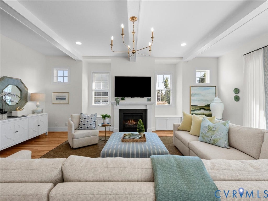 1412 Ascot Hill Terrace, Midlothian, VA 23112 Living area featuring high ceilings with exposed beams, wood-finish flooring, a central fireplace with a classic mantel, built-in cabinetry, and a modern chandelier