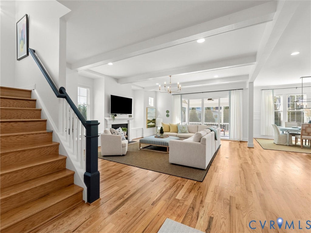 1412 Ascot Hill Terrace, Midlothian, VA 23112 Open-concept floor plan featuring wood-finish flooring, recessed lighting, exposed ceiling beams, a built-in fireplace, and a staircase with a contrasting dark-finish handrail