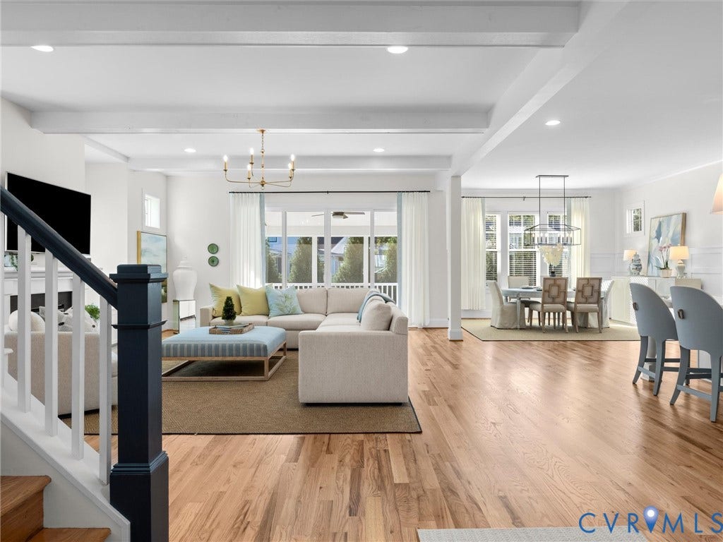 1412 Ascot Hill Terrace, Midlothian, VA 23112 Open-concept interior featuring wood-finish flooring, exposed ceiling beams, recessed lighting, and a large sliding glass door with a transom window