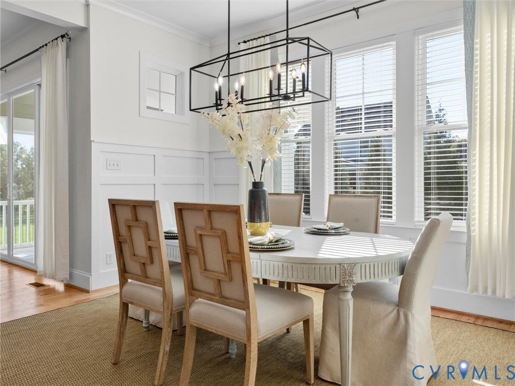 1412 Ascot Hill Terrace, Midlothian, VA 23112 Dining area featuring wainscoting, an open-frame matte black chandelier, and multiple windows with horizontal blinds