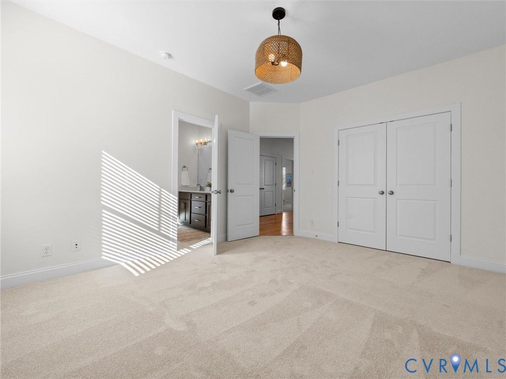 1412 Ascot Hill Terrace, Midlothian, VA 23112 Neutral-toned carpeting, textured drum pendant lighting, double-door closet with paneled detailing, and interior solid-core doors